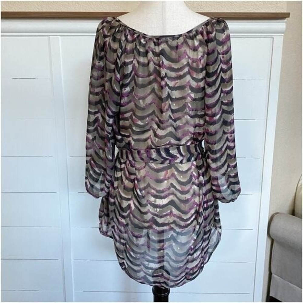 Daniel Rainn Purple Abstract Scallop Wave Sheer Chiffon Tunic Top Belted Medium - Picture 6 of 12